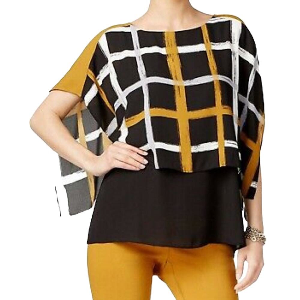 Alfani Women's Windowpane Poncho Top Brushstroke Plaid Blouse Size 2P